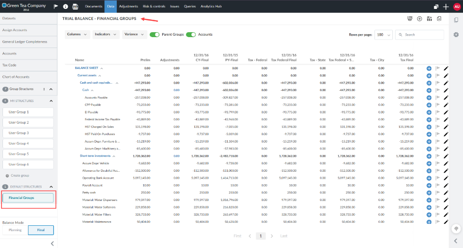 The Data page with the Financial Groups structure selected under Default Structures in the left sidebar. The right panel shows the trial balance titled Trial Balance - Financial Groups, with accounts organized into expandable groups such as Balance sheet, Current assets, and Cash and cash equivalents across columns including Prelim, Adjustments, CY-Final, and PY-Final.
