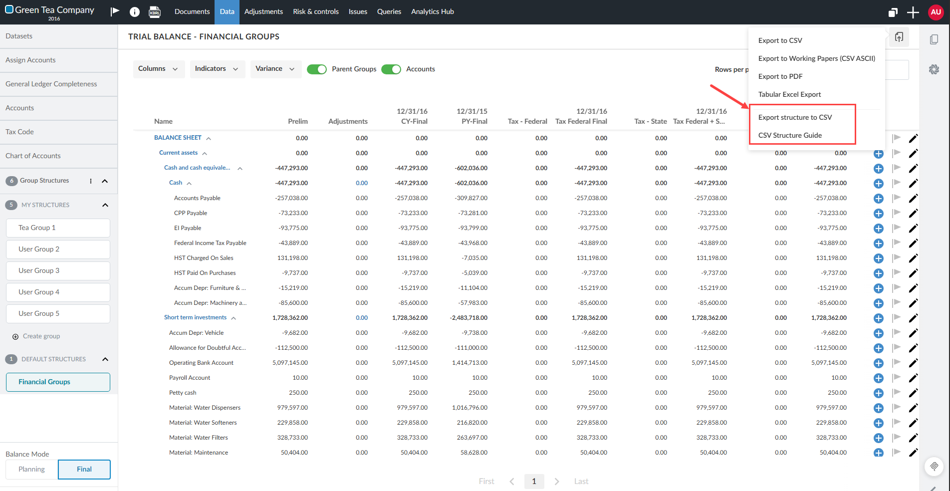 The open Export options menu on the Data page, with Export structure to CSV and CSV Structure Guide highlighted among the export options.