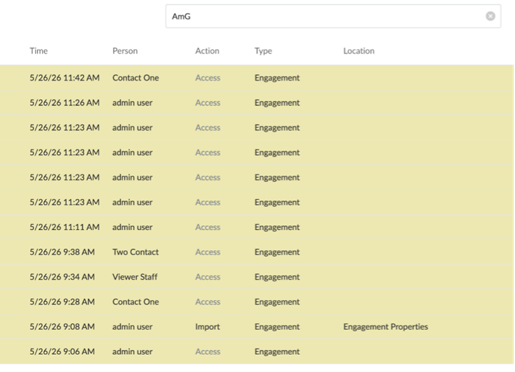 The History Viewer filtered by Access, listing access events by time, person, action, type and location
