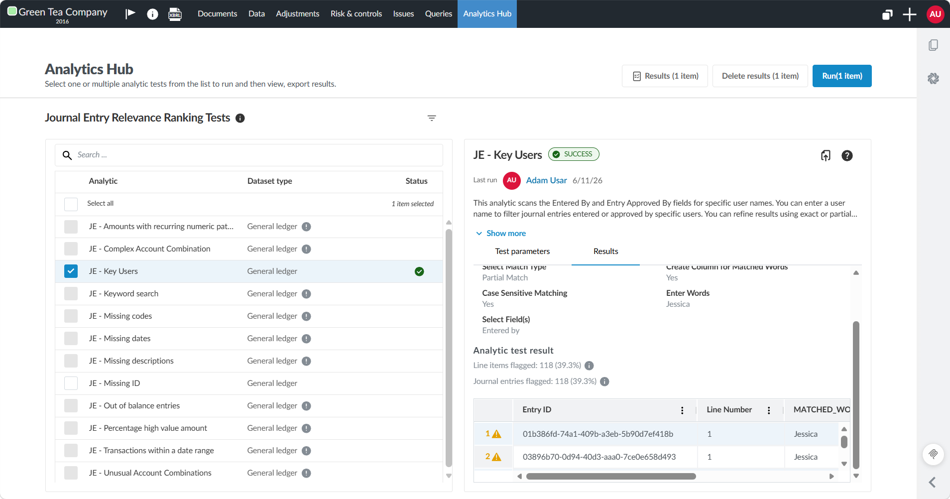 The Analytics Hub with the "JE – Key Users" test selected, showing its parameters and flagged journal entry results.