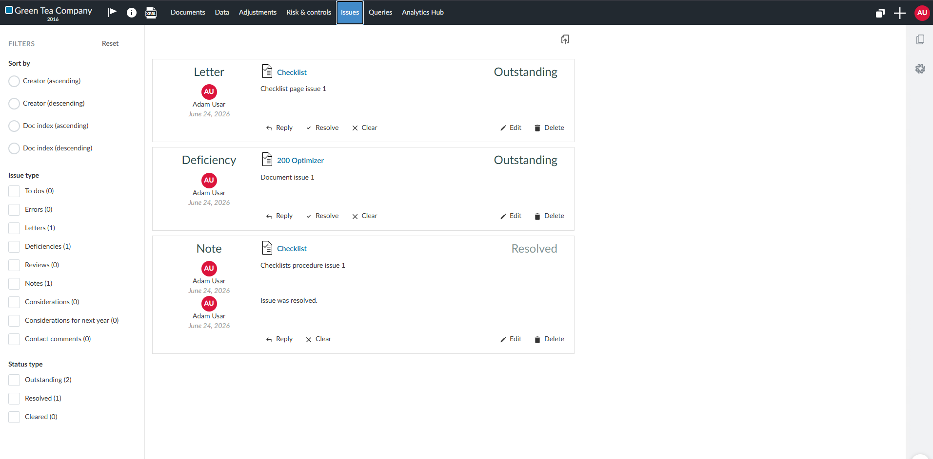 The Issues page with the Filters panel on the left (Sort by, Issue type, Status type) and the issues list on the right. Each issue shows its type, location link, description, creator, date and status.