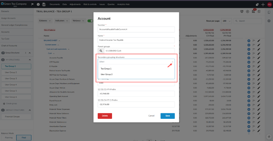 The Group properties dialog with the Secondary grouping structures drop-down open, showing available structures to link.