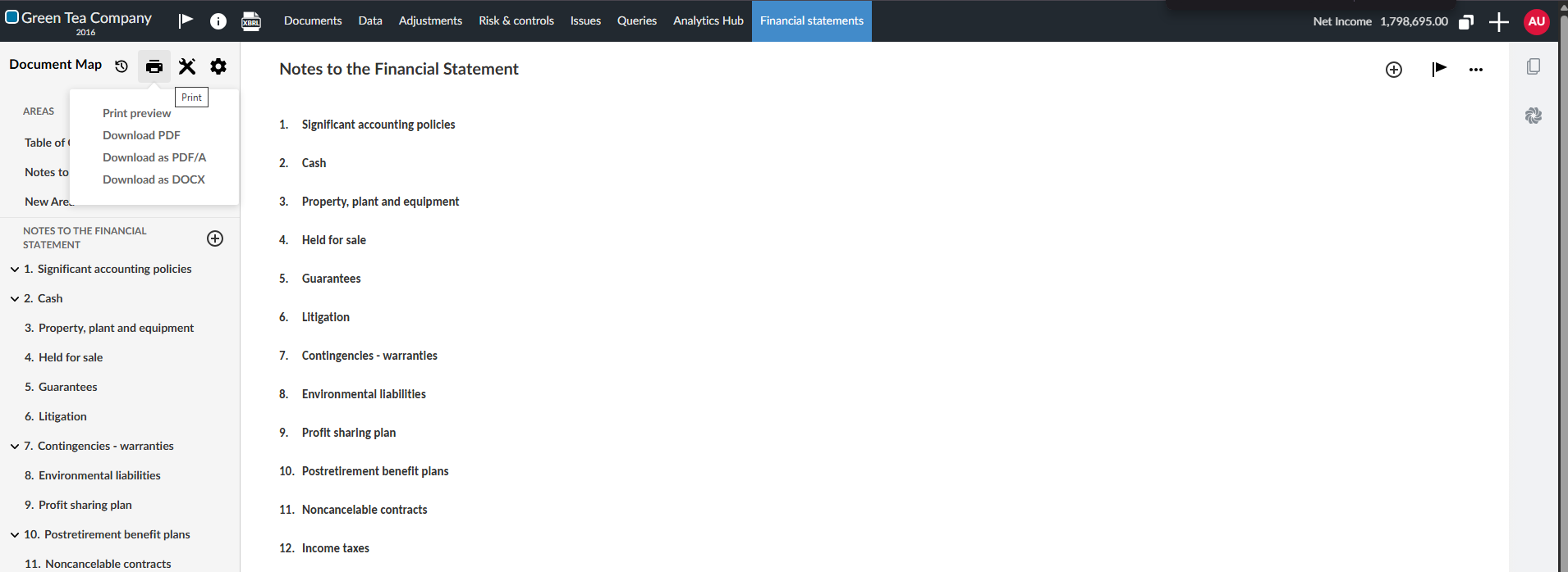 The Document Map toolbar showing the Print menu.