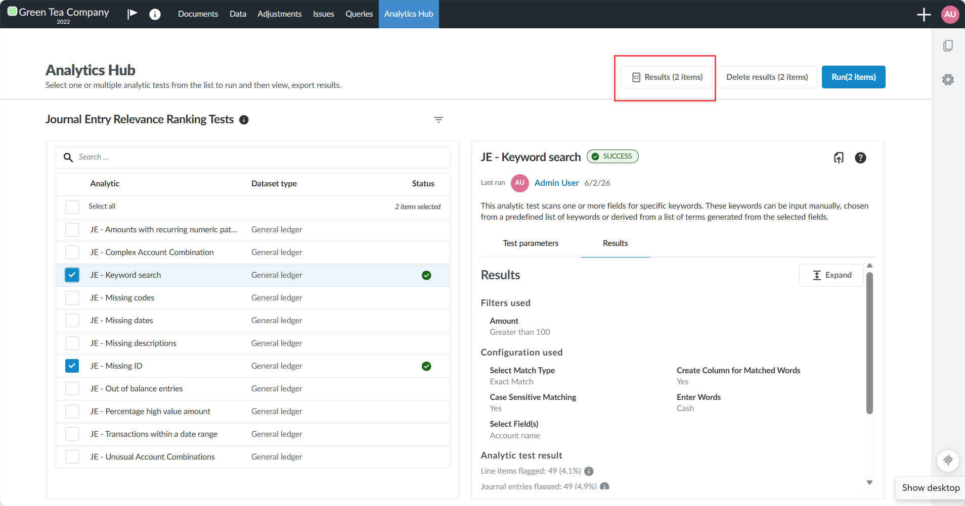 The Analytics Hub showing the Results tab.