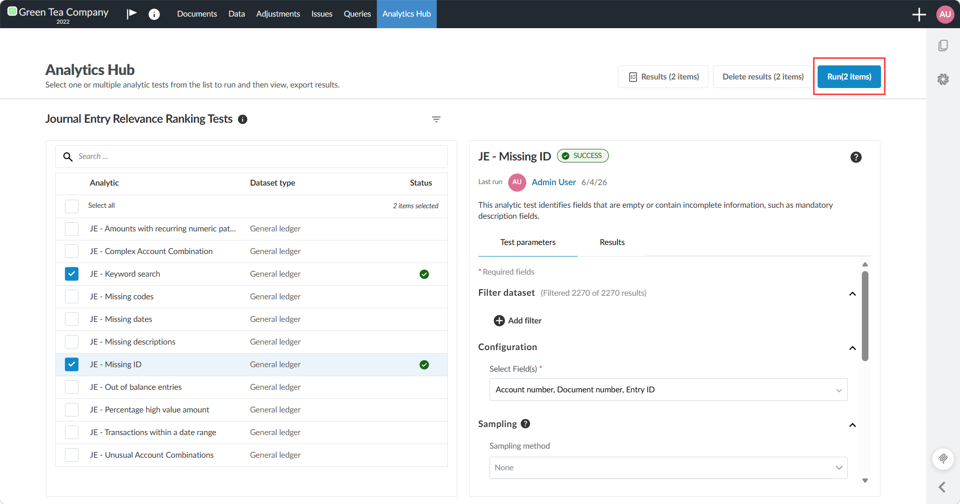 The Analytics Hub showing multiple analytic tests selected from the left panel and the Run button at the top of the page.