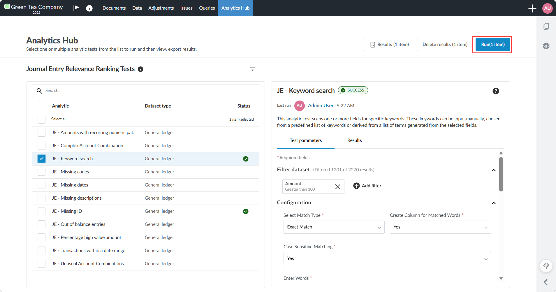 The Analytics Hub showing an analytic test selected from the left panel and the Run button at the top of the page.