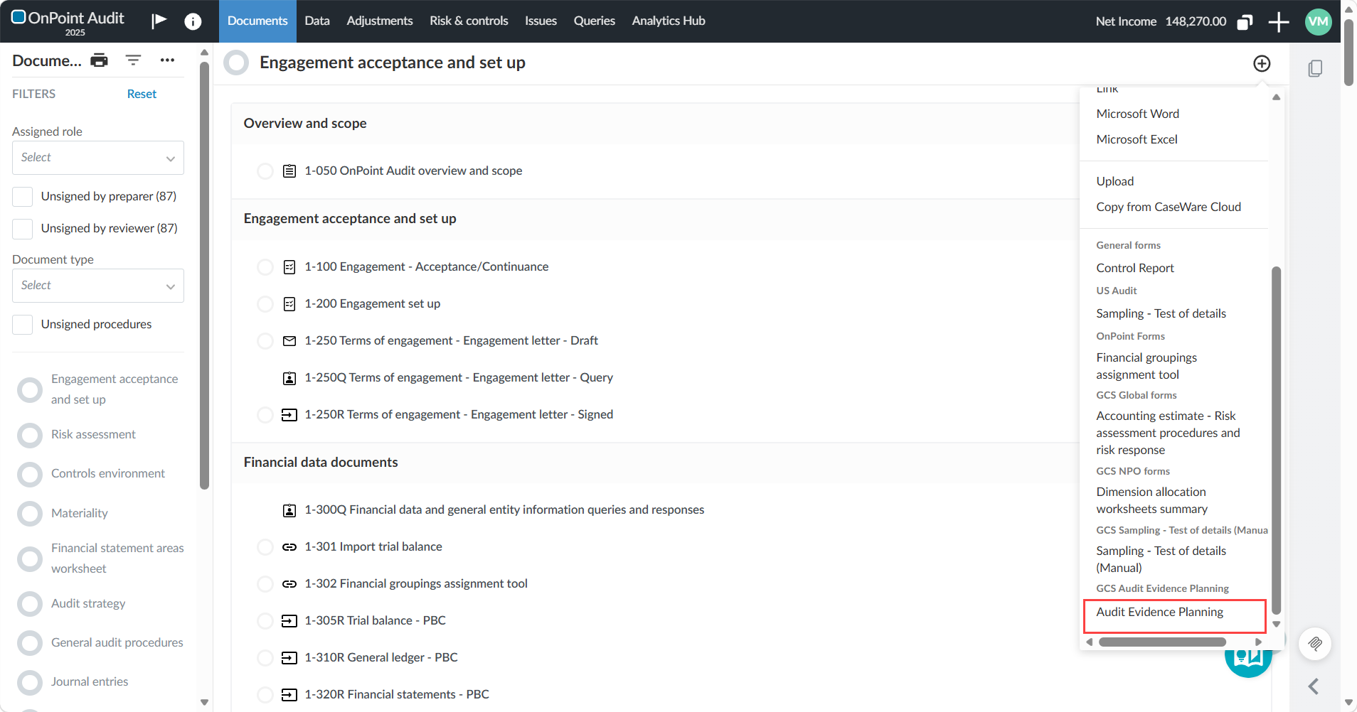The Create a document menu open from the Documents page, showing the Audit Evidence Planning option highlighted under the GCS Audit Evidence Planning group.