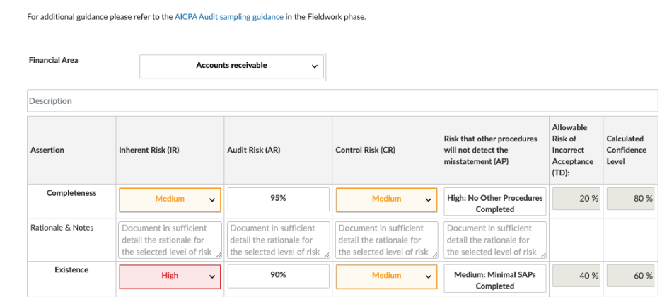 The Substantive sampling - Test of details - Confidence level form, showing the Assertion, Inherent Risk, Audit Risk, Control Risk, Risk that other procedures will not detect the misstatement, Allowable Risk of Incorrect Acceptance, and Calculated Confidence Level columns.