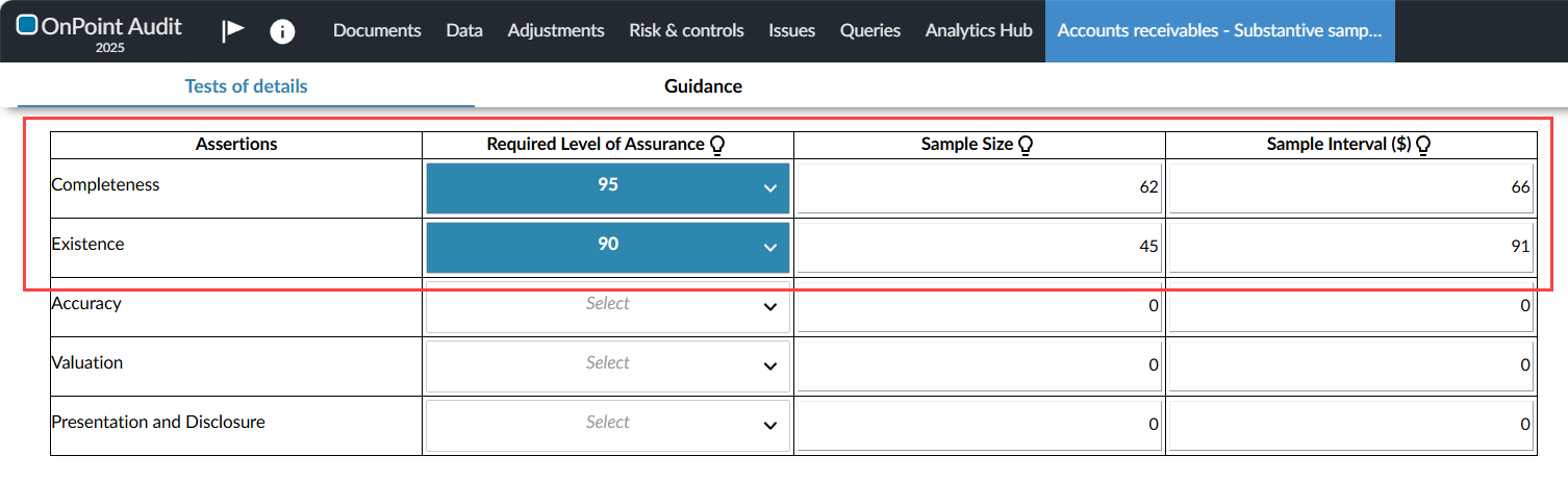 The Substantive sampling - Test of details - Sample size form showing the Assertions, Required Level of Assurance, Sample Size, and Sample Interval columns, with values populated for the Completeness and Existence assertions.