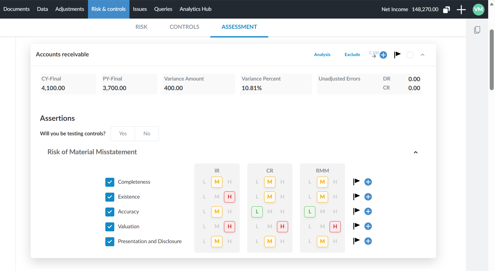 The Risk & controls tab Assessment view, showing the Accounts receivable risk of material misstatement grid with Inherent Risk, Control Risk, and RMM ratings for each assertion.