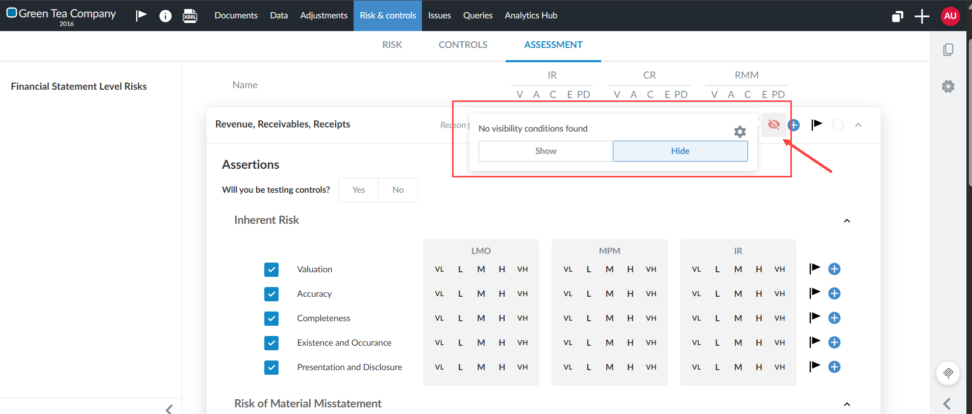 visibility settings selected from the Risk Assessment tab