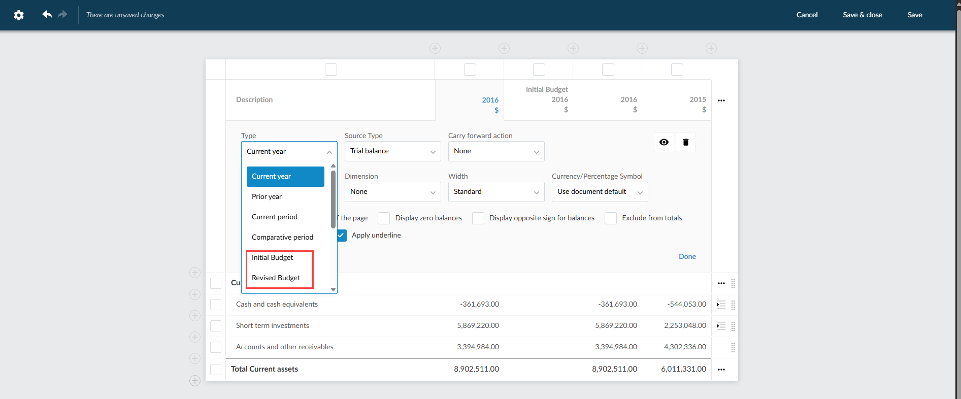 Cloud Engagements column settings panel with the Type dropdown open, showing "Initial Budget" and "Revised Budget" options highlighted with a red box.
