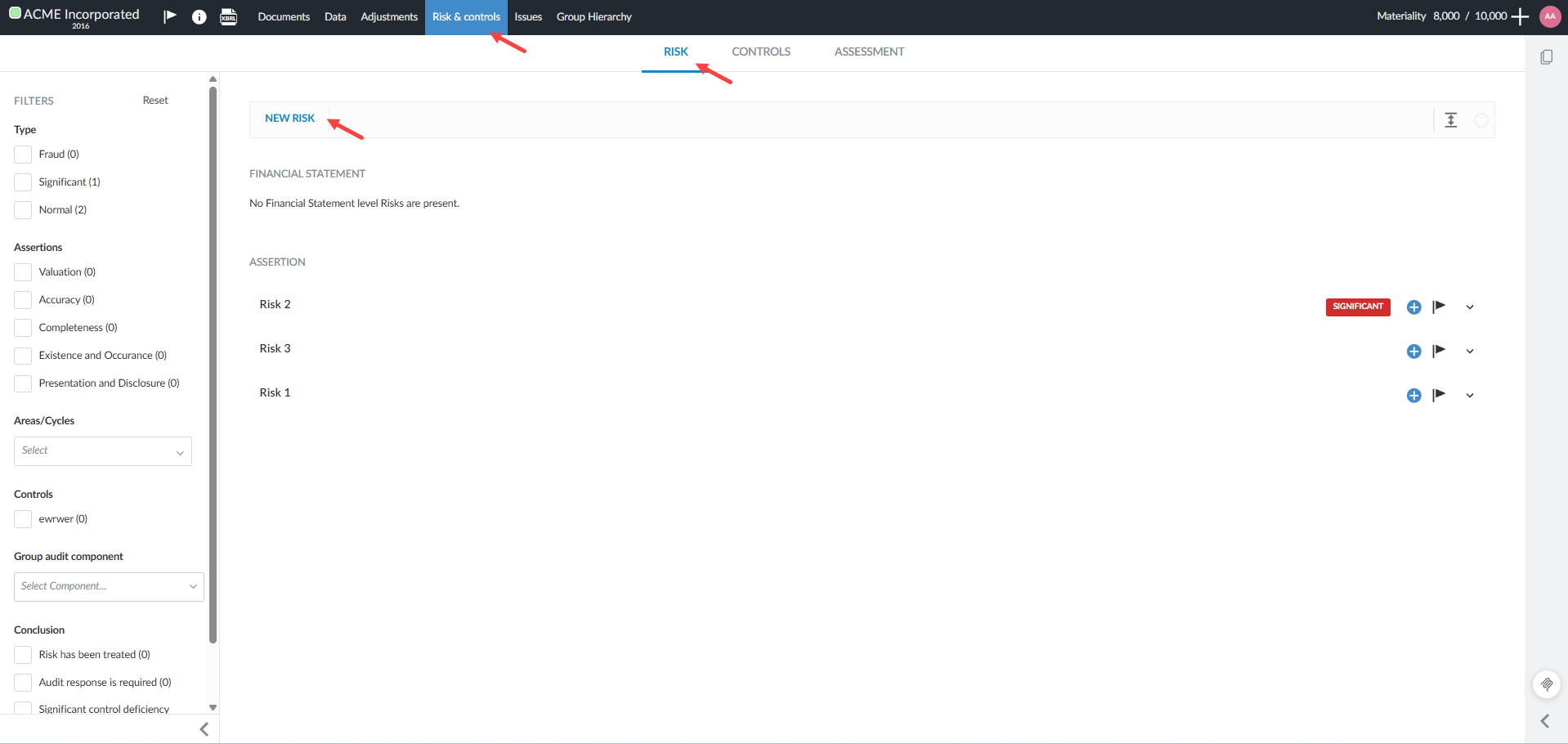 The user interface to add a new risk.
