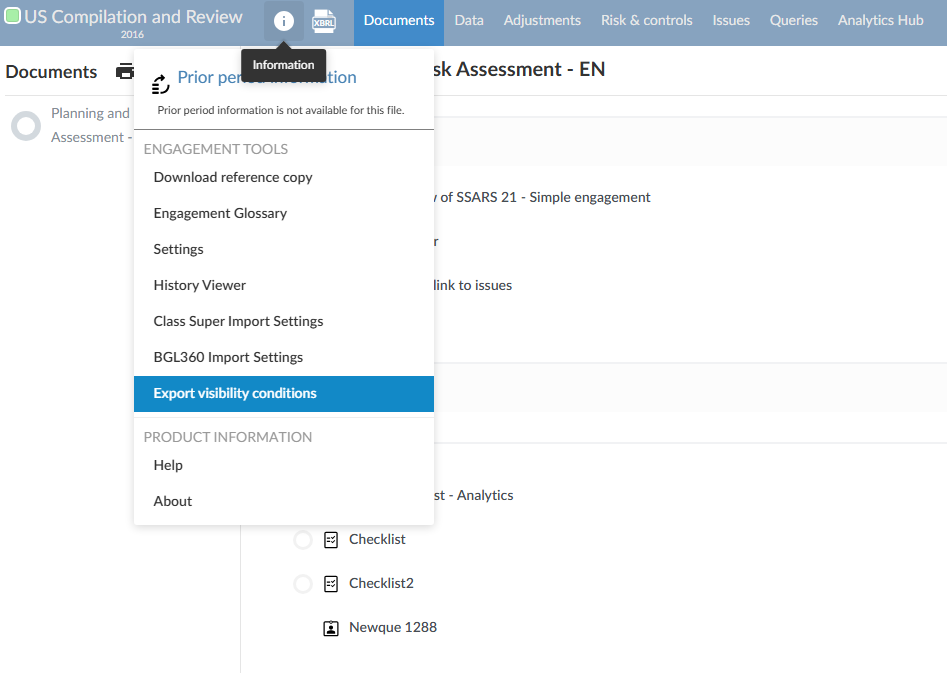 The engagement Information menu open with "Export visibility conditions" highlighted under Engagement Tools.