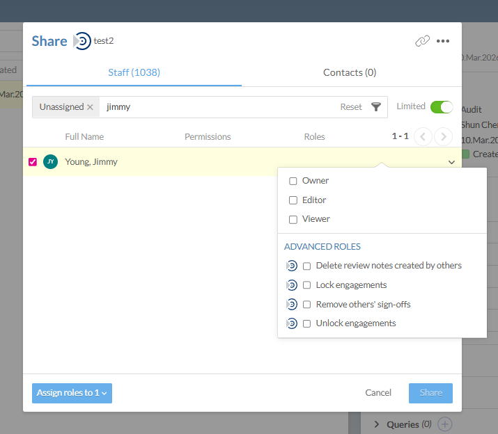 The Share dialog showing the Staff tab with a user selected and a drop-down menu listing role options including Owner, Editor, and Viewer, and advanced roles including Delete review notes created by others, Lock engagements, Remove others' sign-offs, and Unlock engagements