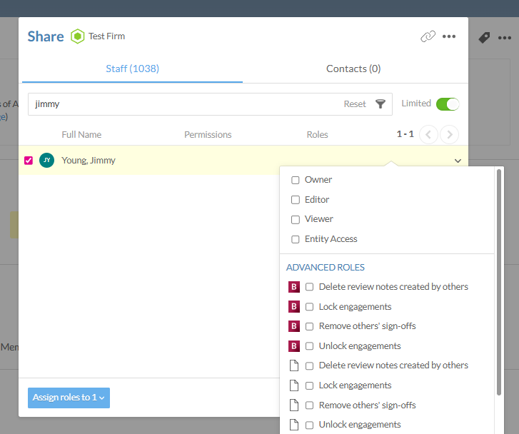 The Share dialog for a firm showing the Staff tab with a user selected and a drop-down menu listing role options including Owner, Editor, Viewer, and Entity Access, and advanced roles grouped by product type including Delete review notes created by others, Lock engagements, Remove others' sign-offs, and Unlock engagements.