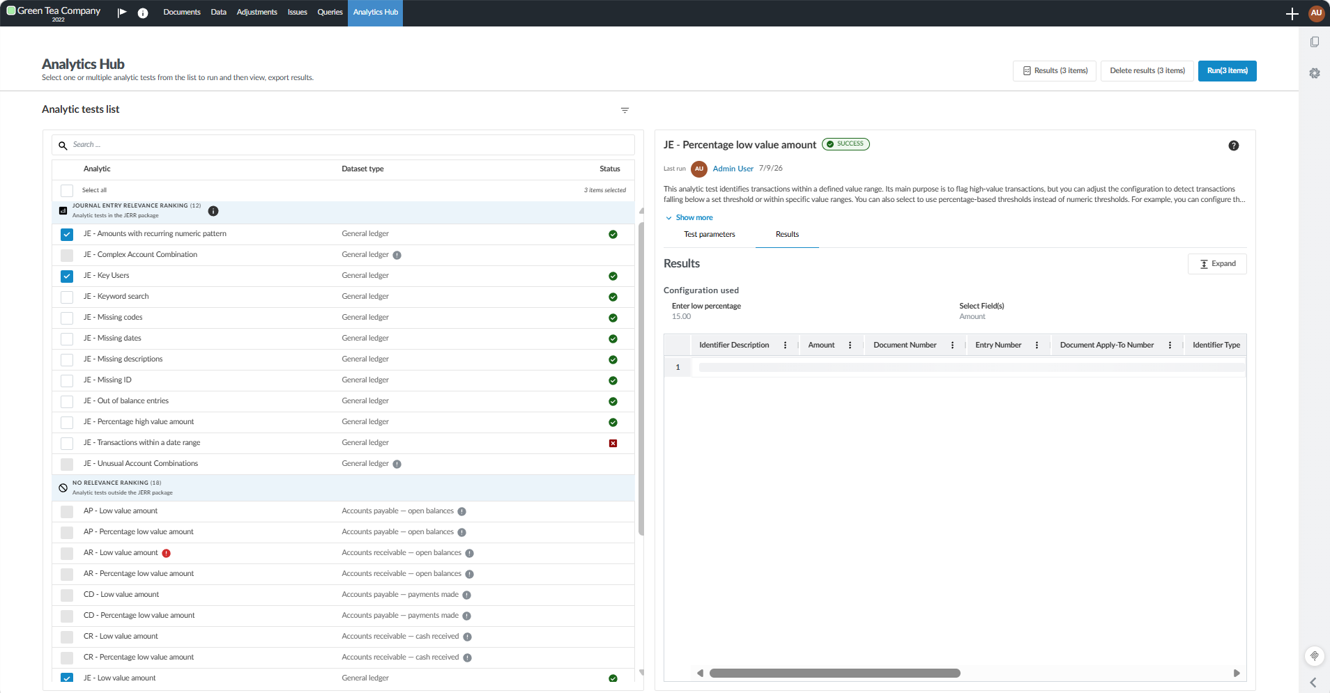 The Analytics Hub tests list showing JERR and additional journal entry tests available to run together.
