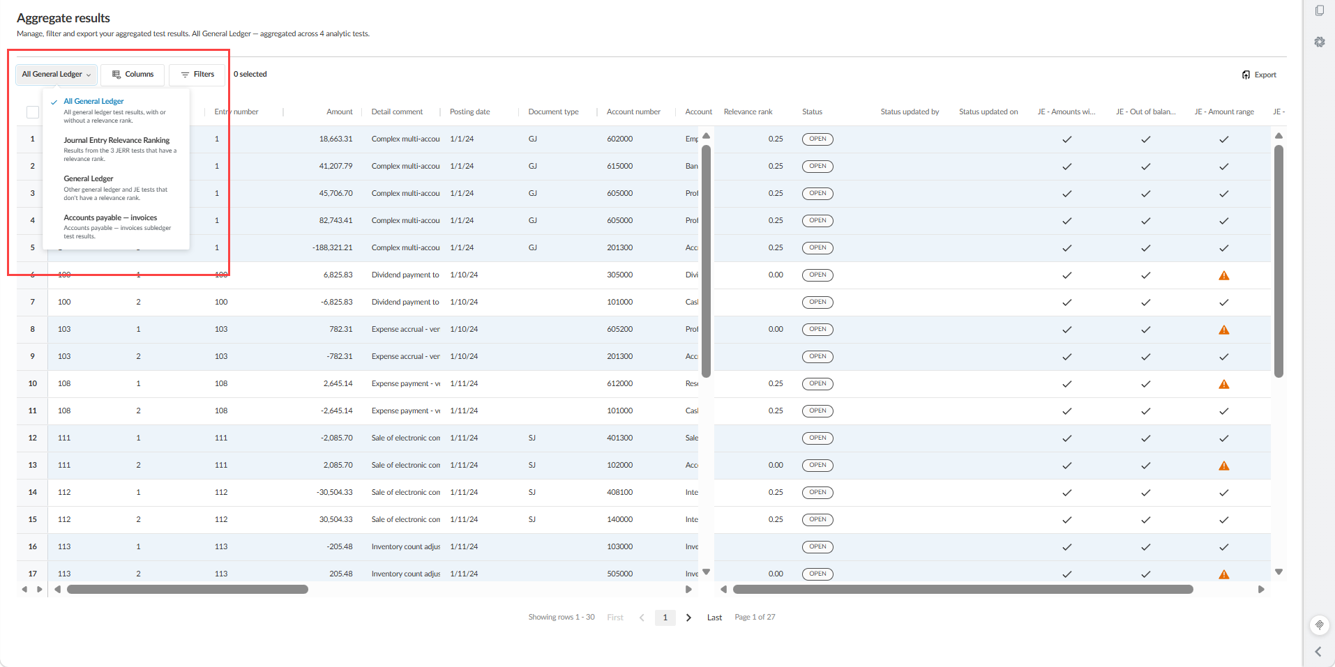 The Aggregate results page with the view drop-down menu open, showing the four view options: All General Ledger, Journal Entry Relevance Ranking, General Ledger, and Accounts payable — invoices.