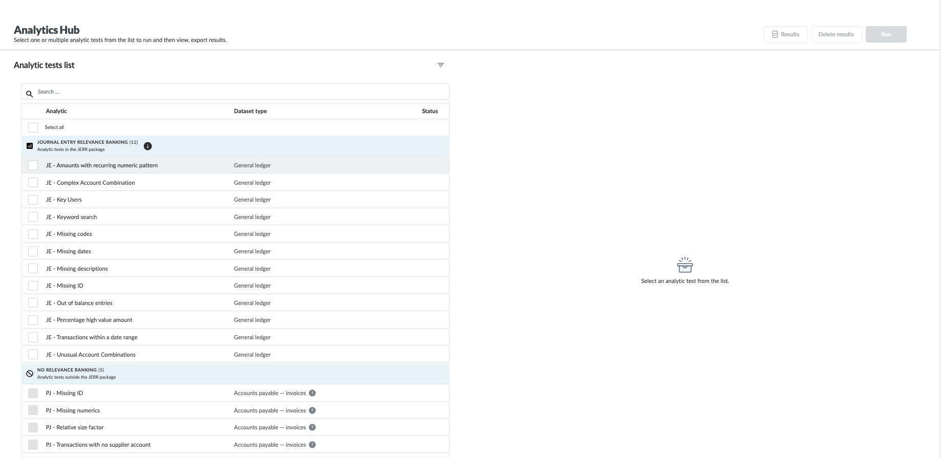 The Analytics Hub tests list showing analytic tests grouped under Journal Entry Relevance Ranking and No relevance ranking.
