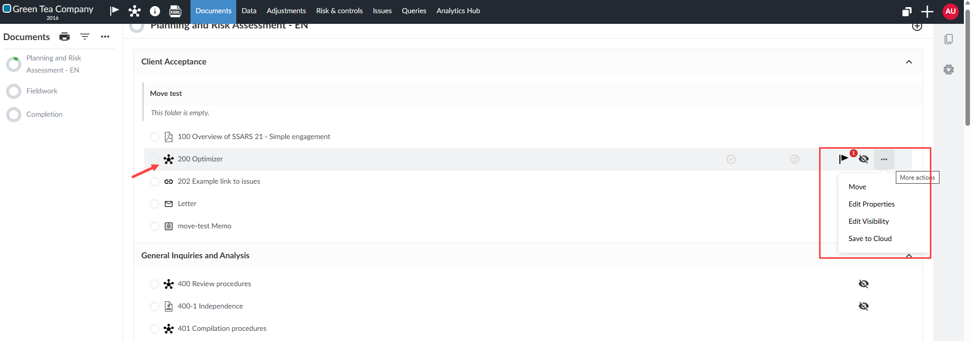 The More actions menu open for the 200 Optimizer document on the Documents page, showing Move, Edit Properties, Edit Visibility and Save to Cloud.