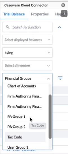 The Cloud Connector Financial Groups list showing multiple named grouping structures with the primary structure selected.
