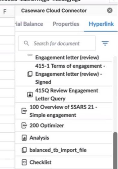 The Cloud Connector Hyperlink tab listing engagement Office documents that can be linked.