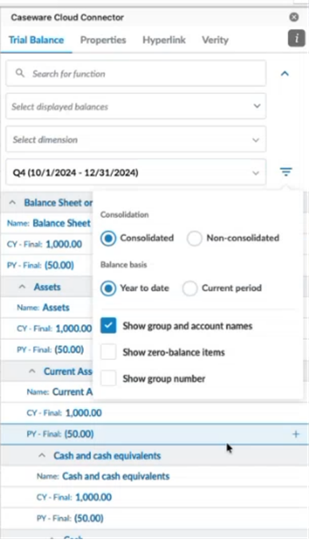 The Cloud Connector pane showing a non-annual reporting period (Q4) selected for a trial balance.