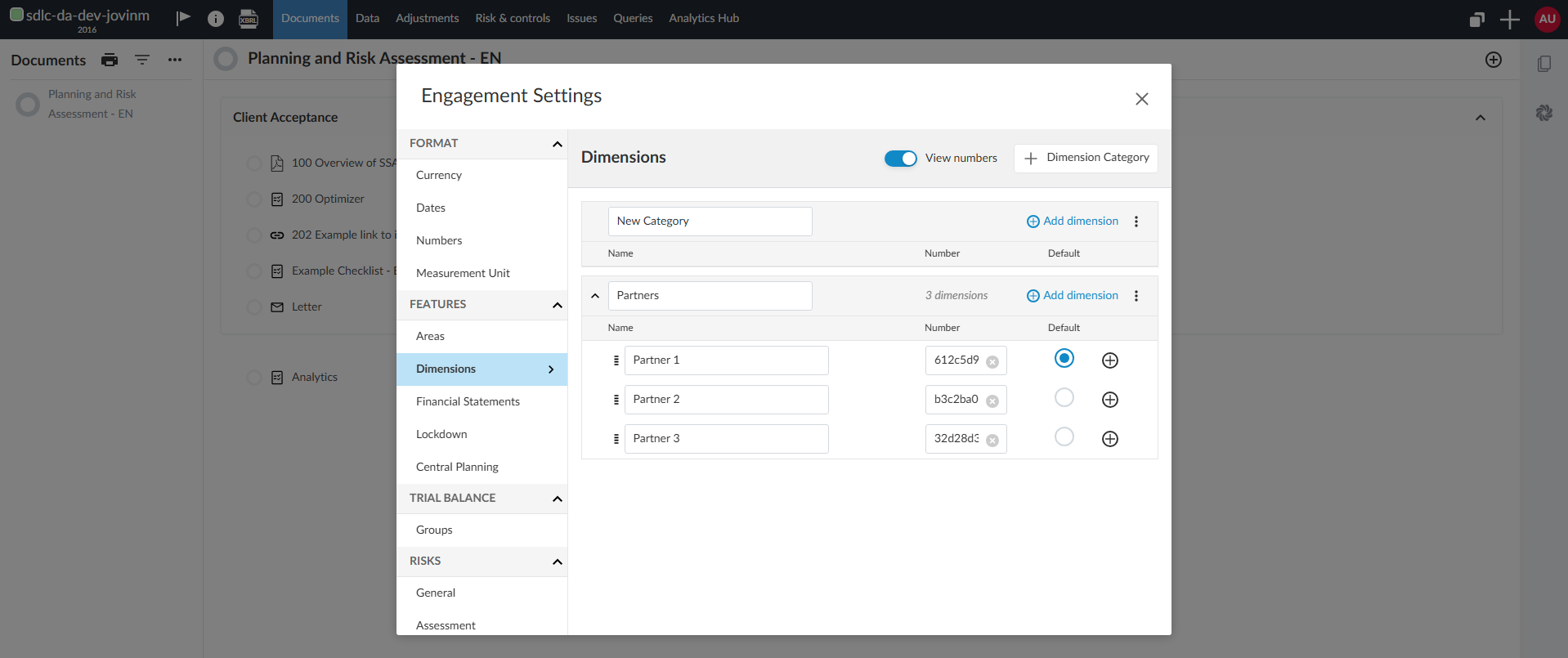 The Dimensions page in Engagement Settings, with the user dimension category expanded to show three dimensions and user 1 set as the default.