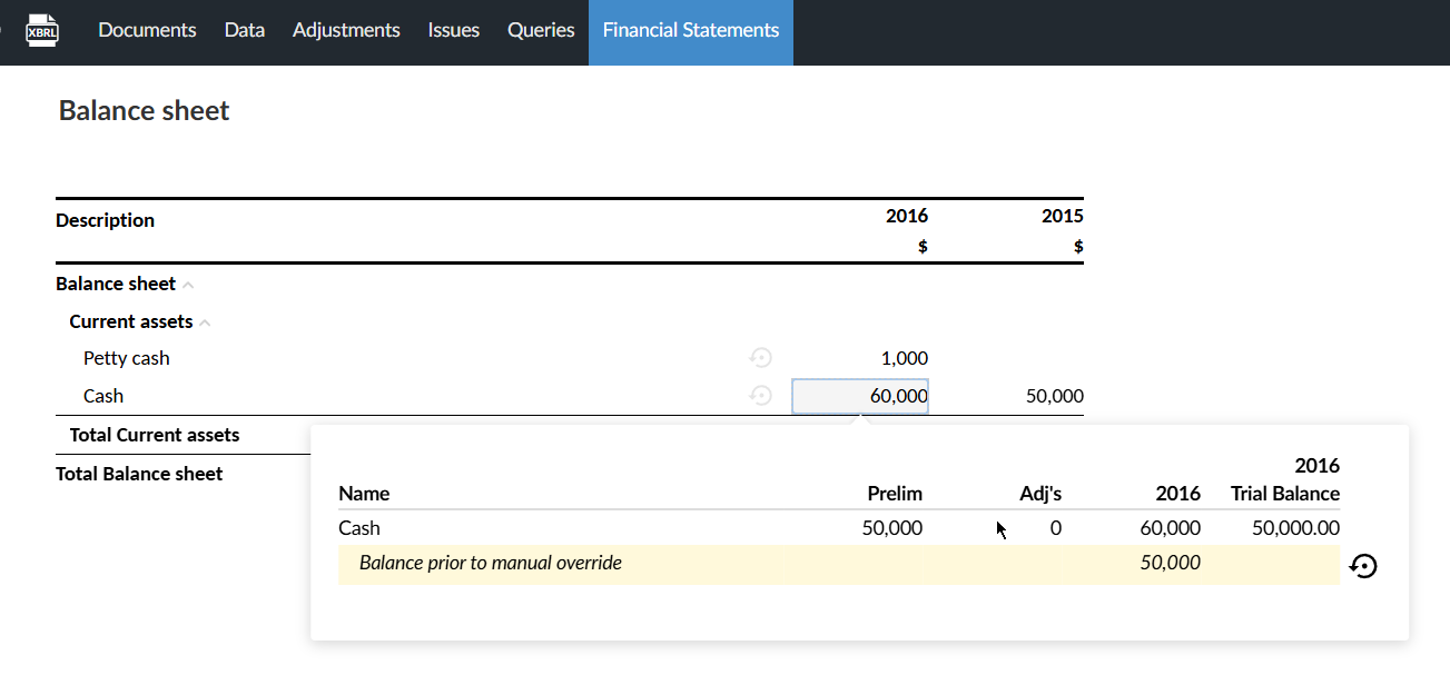Manually overriding a cell amount in an area in a financial statement.