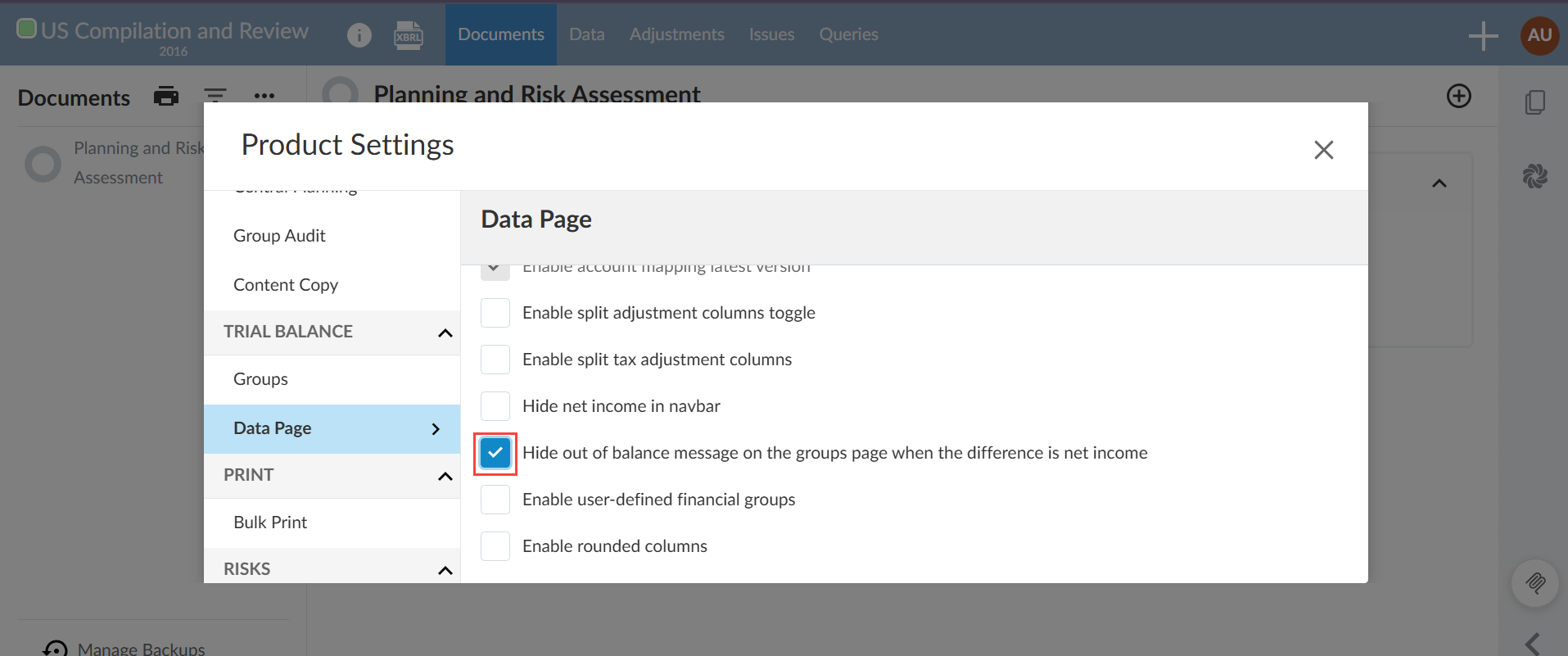 The user interface for checking the box for Out of balance messaging on the Data page.