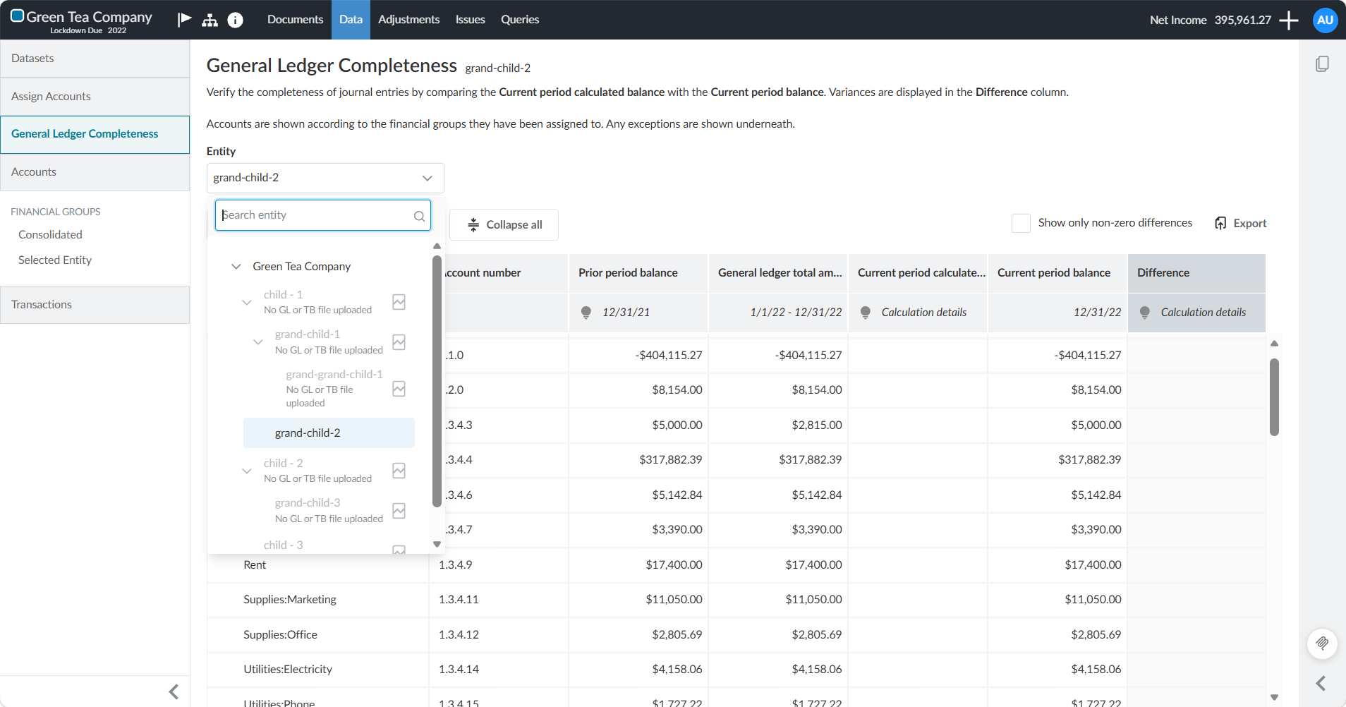 The General Ledger Completeness page run on an internal consolidated entity, showing the entity context.