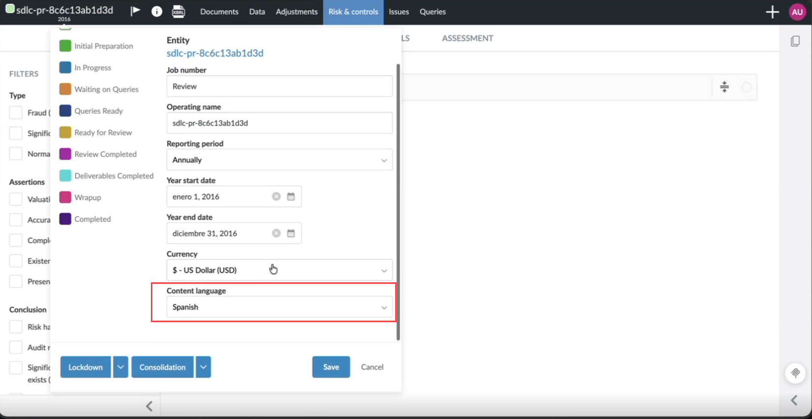 The engagement details page displaying language options.