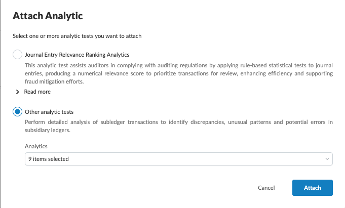 The Attach Analytic dialog with options to attach Journal Entry Relevance Ranking Analytics or Other analytic tests to a procedure.
