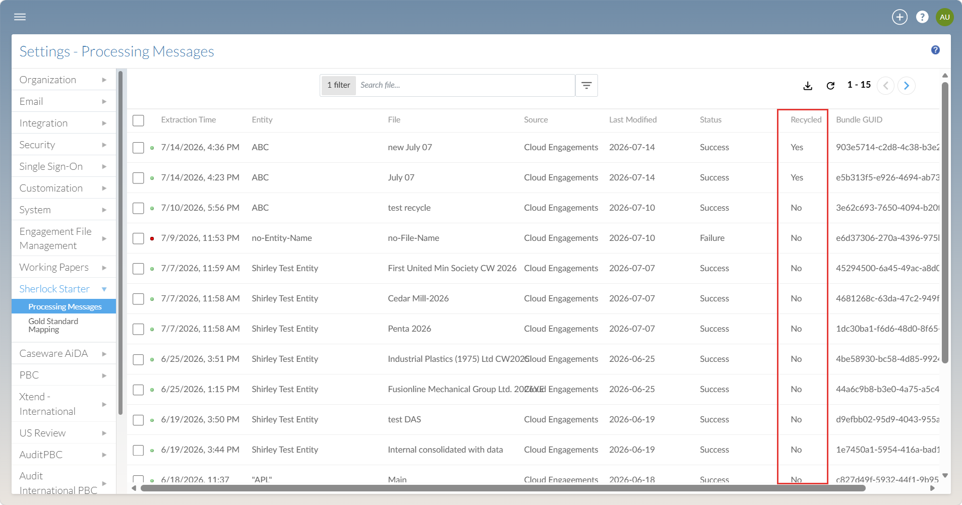  The Sherlock Processing Messages page with a Recycled column indicating recycled engagements.