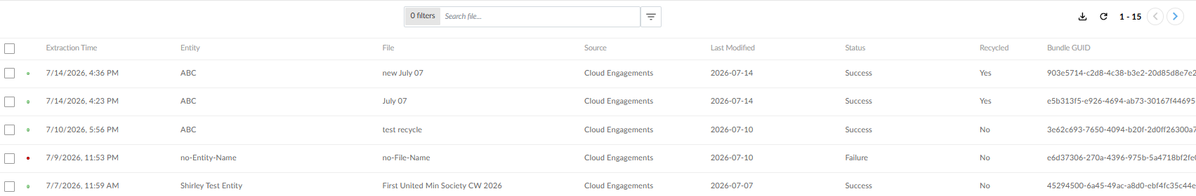 The Processing Messages table in Sherlock, showing the Recycled and Bundle GUID columns alongside each engagement file's status.