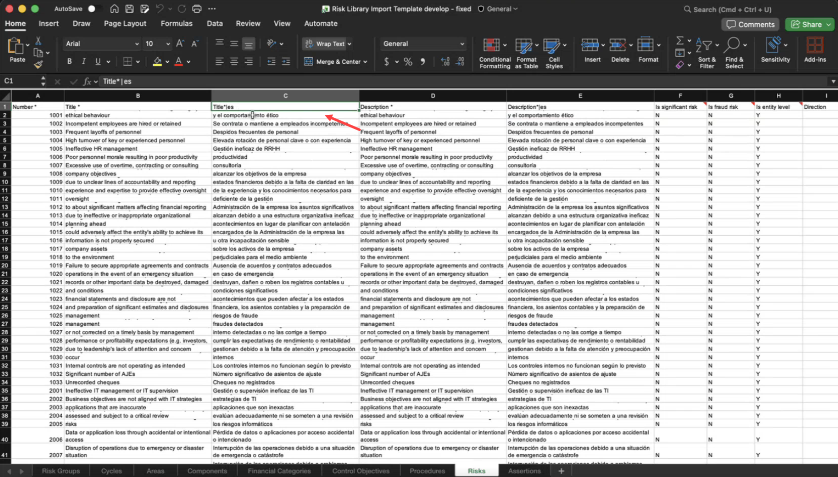 The Risks sheet of the Risk Library import Excel file. Column C, headed Title*|es, holds Spanish text beside column B, headed Title . Column E, headed Description|es, holds Spanish text beside column D, headed Description *.