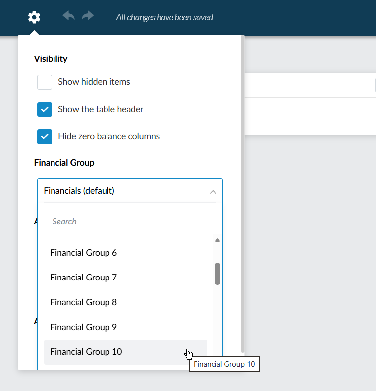 Selecting any enabled financial grouping structure when editing a dynamic table.