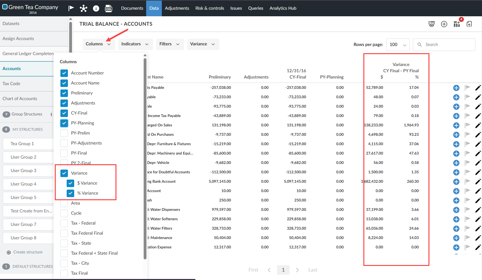 The Columns menu open on the Trial Balance - Accounts page with the Variance, $ Variance and % Variance check boxes selected, and the Variance columns showing in the account table.