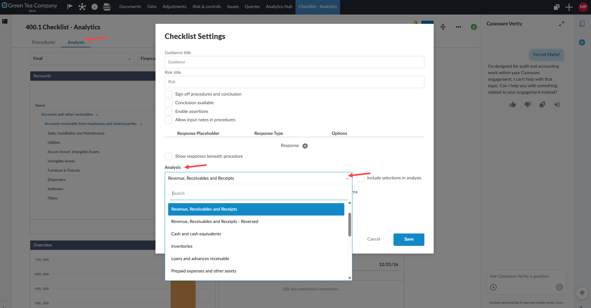 Checklist Settings dialog with the Analysis dropdown open, showing a search field and a list of analysis options with Revenue, Receivables and Receipts selected.