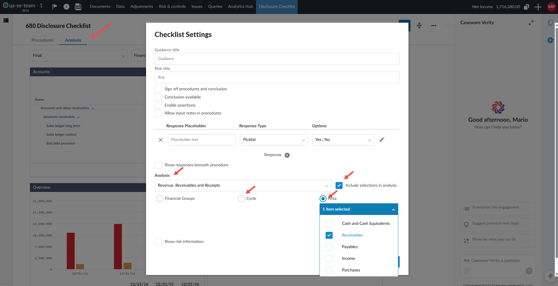 The Checklist Settings for making visible Analysis related to Areas and Cycles in the Analysis tab.