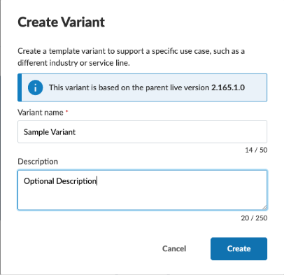 the dialog options to create a new variant.