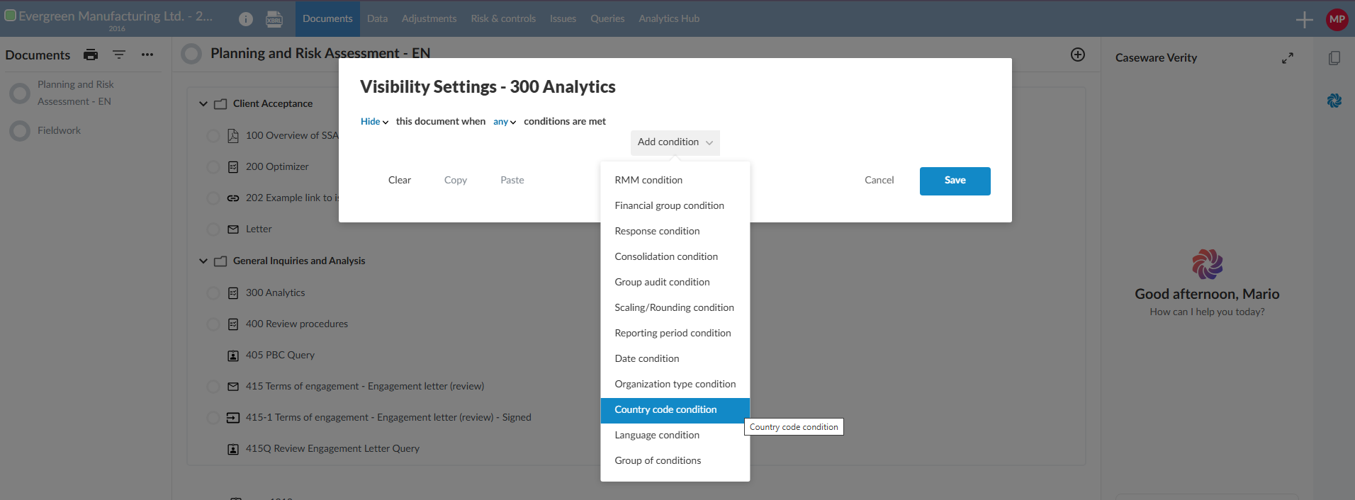 The user interface for selecting the Country Code Condition for visibility options to a Documents element.