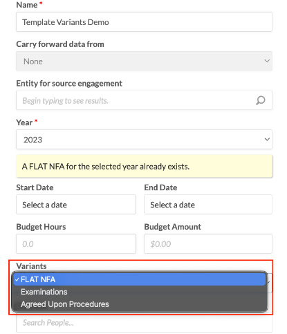 The new engagement dialog showing a Variants list with enabled template variants available for selection.