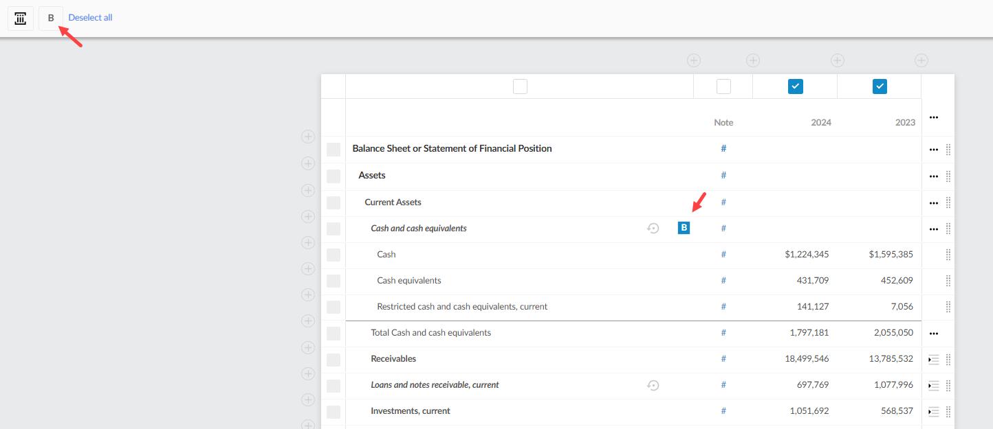 The Edit dynamic table dialog pointing to bold formatting options within a cell, and the top row button to bold a whole row or column.