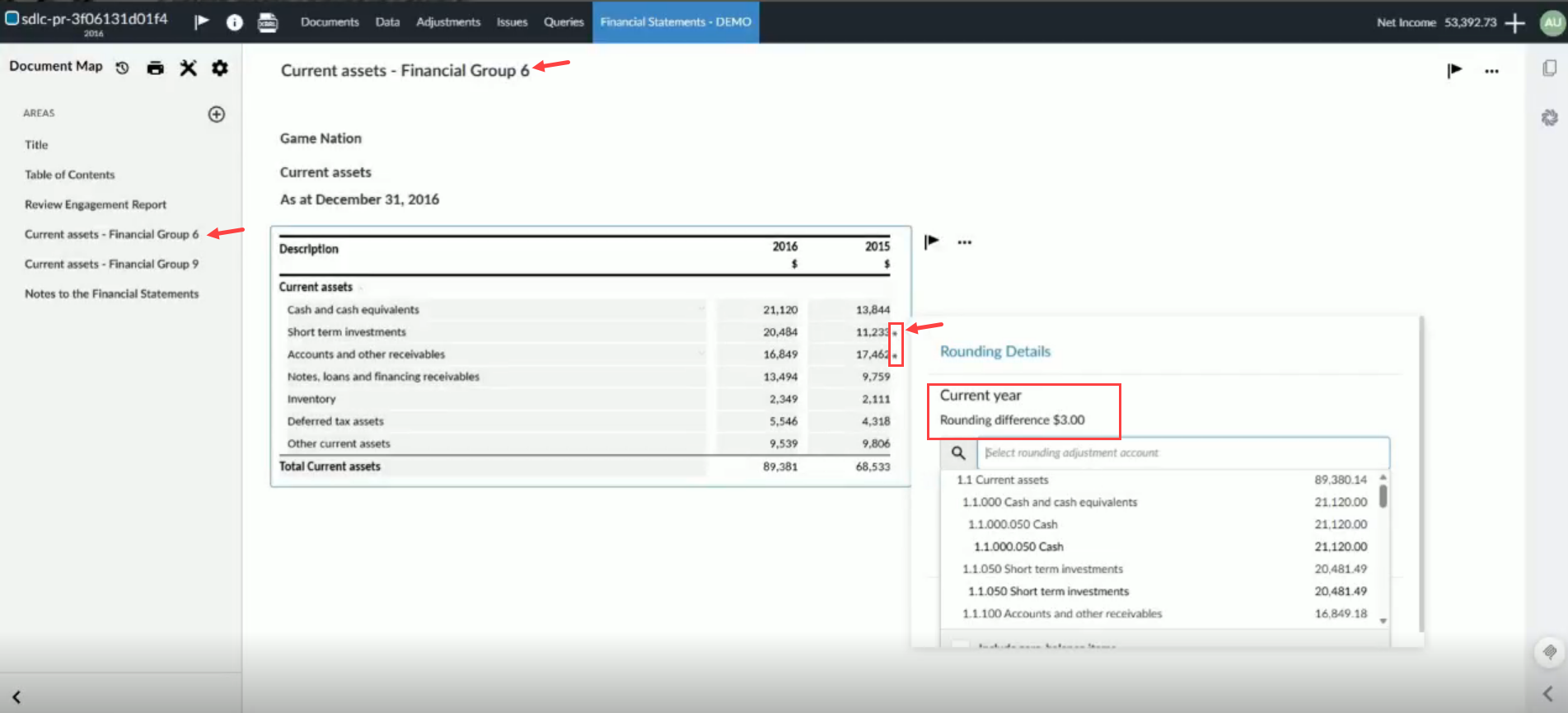 Selecting rounding options from a dynamic table in a financial group within the Documents map.