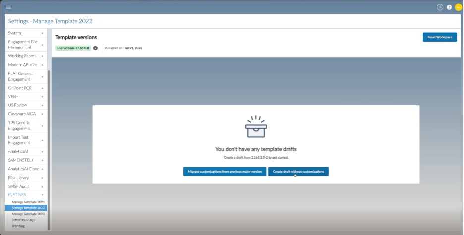 The Manage Template page showing options to migrate customizations from another major version or create a draft without customizations.