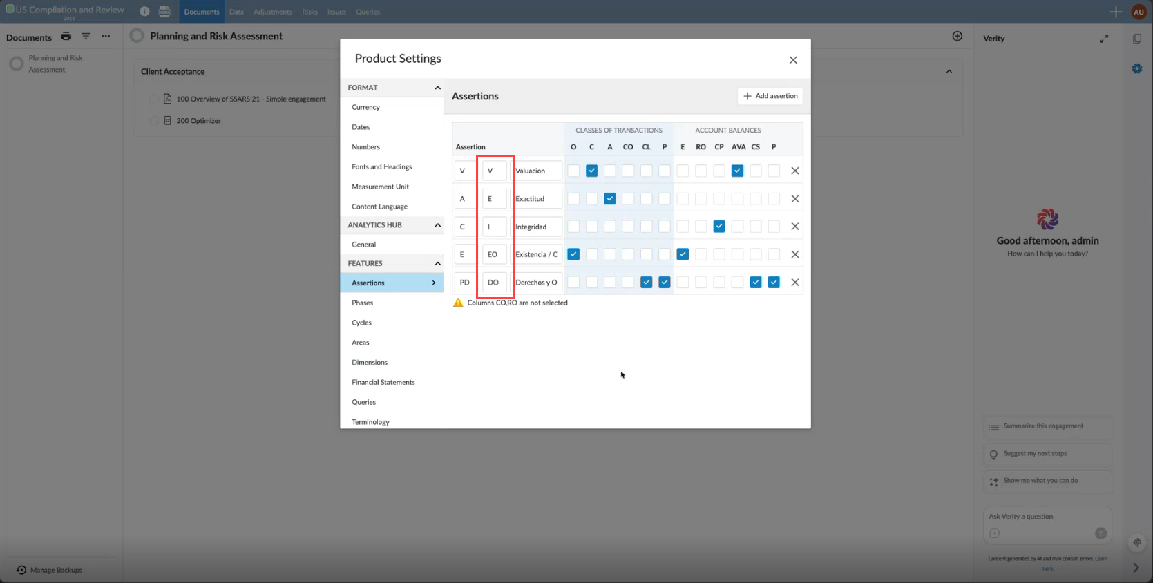 The Product Settings dialog with Assertions selected, showing an assertion table with abbreviation and translated display columns highlighted, and a warning that Column CGWG are not selected.