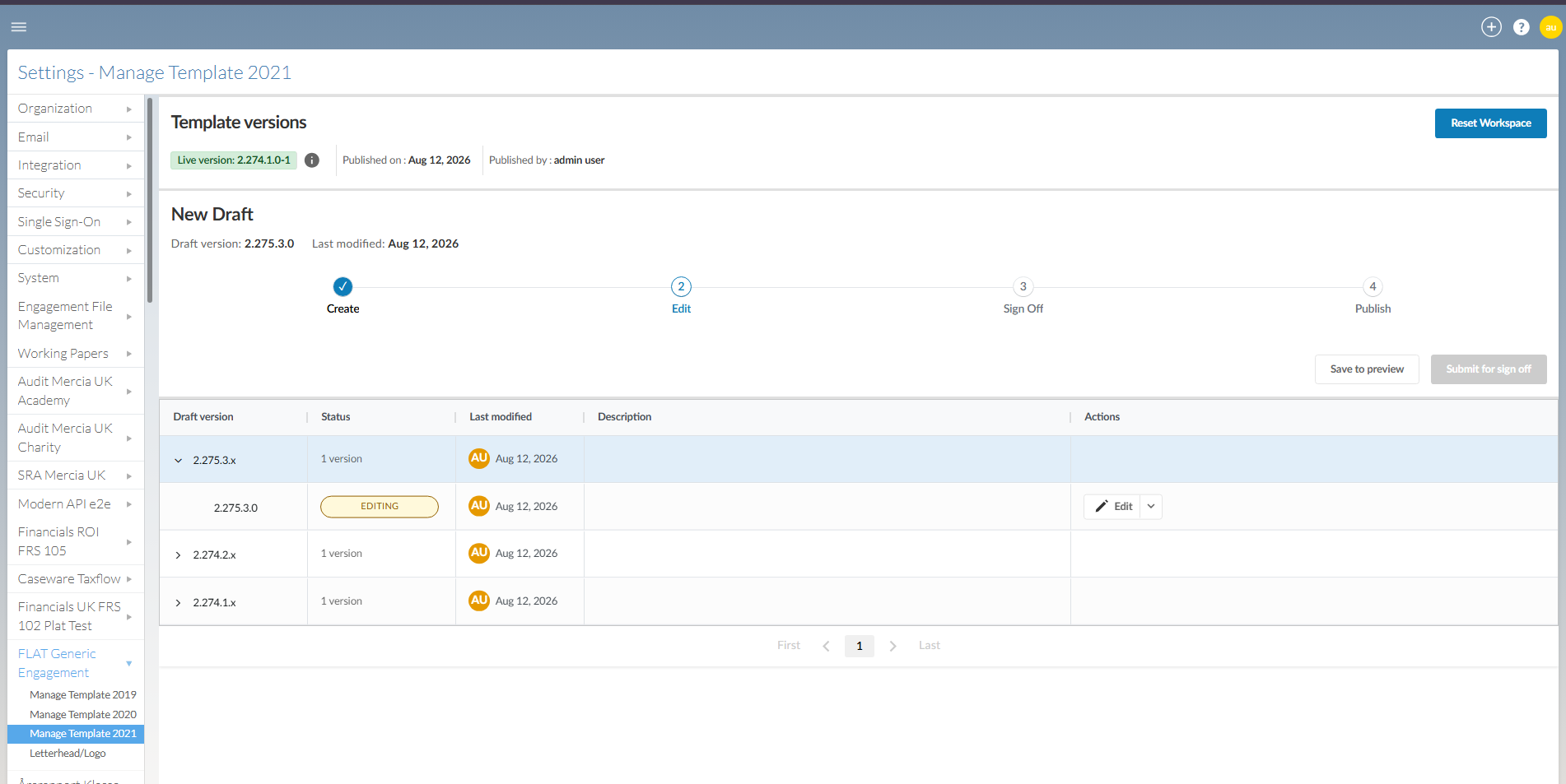 The Manage Template page showing the Create, Edit, Sign Off and Publish stages of the template management workflow.