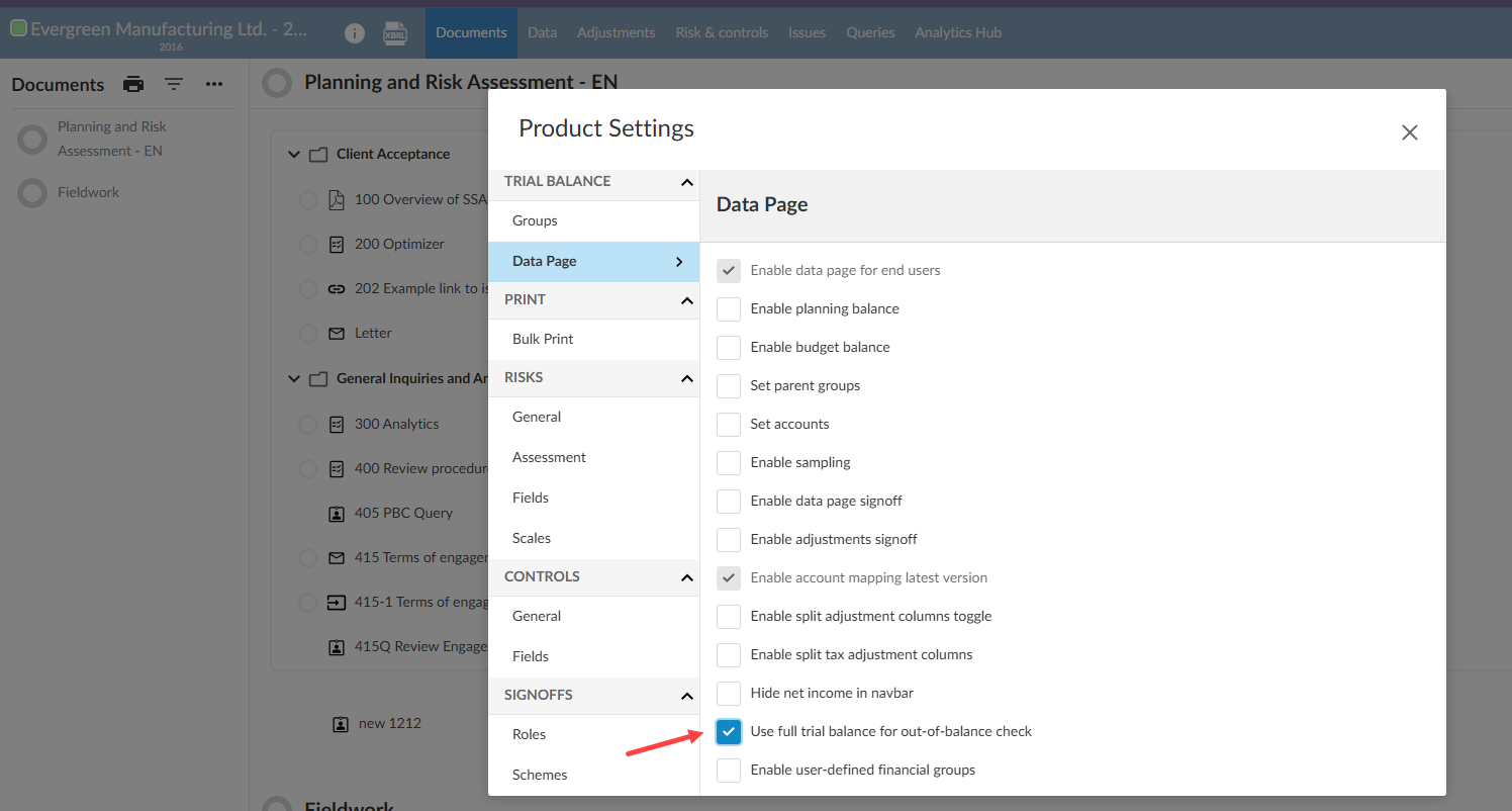 The Product Settings dialog with Data Page selected, showing the selected check box for the out of balance message on the groups page.