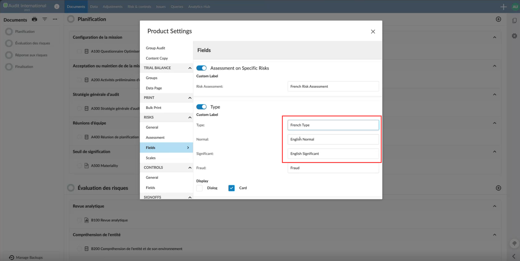 Product Settings Risks Fields dialog showing translated field labels.